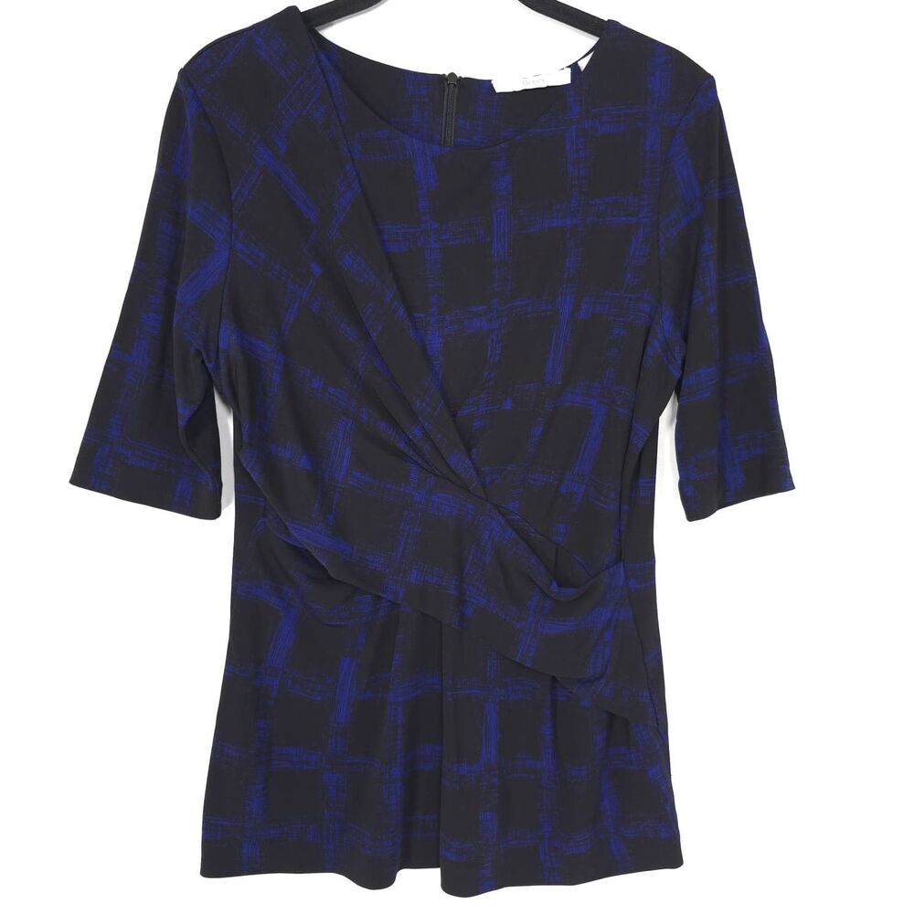 HUGO BOSS Women's Top Blouse Wrap Plaid MEDIUM Stretch Blue Black